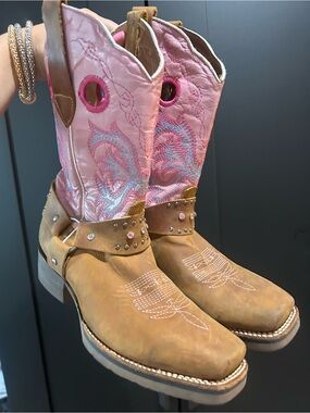 Brown Leather Harness Cowboy Boots with Pink Embroidered Shaft el general